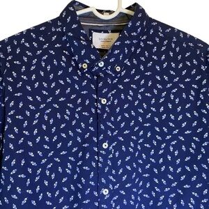 LEVEL 10 Mens Modern Medium Navy micro feather pattern long sleeve button down
